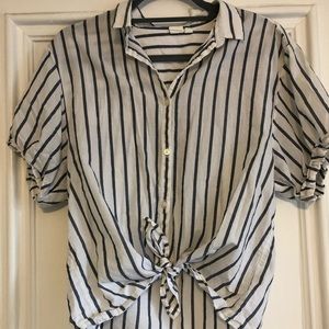 White and Light Striped Blue Button-down Tee